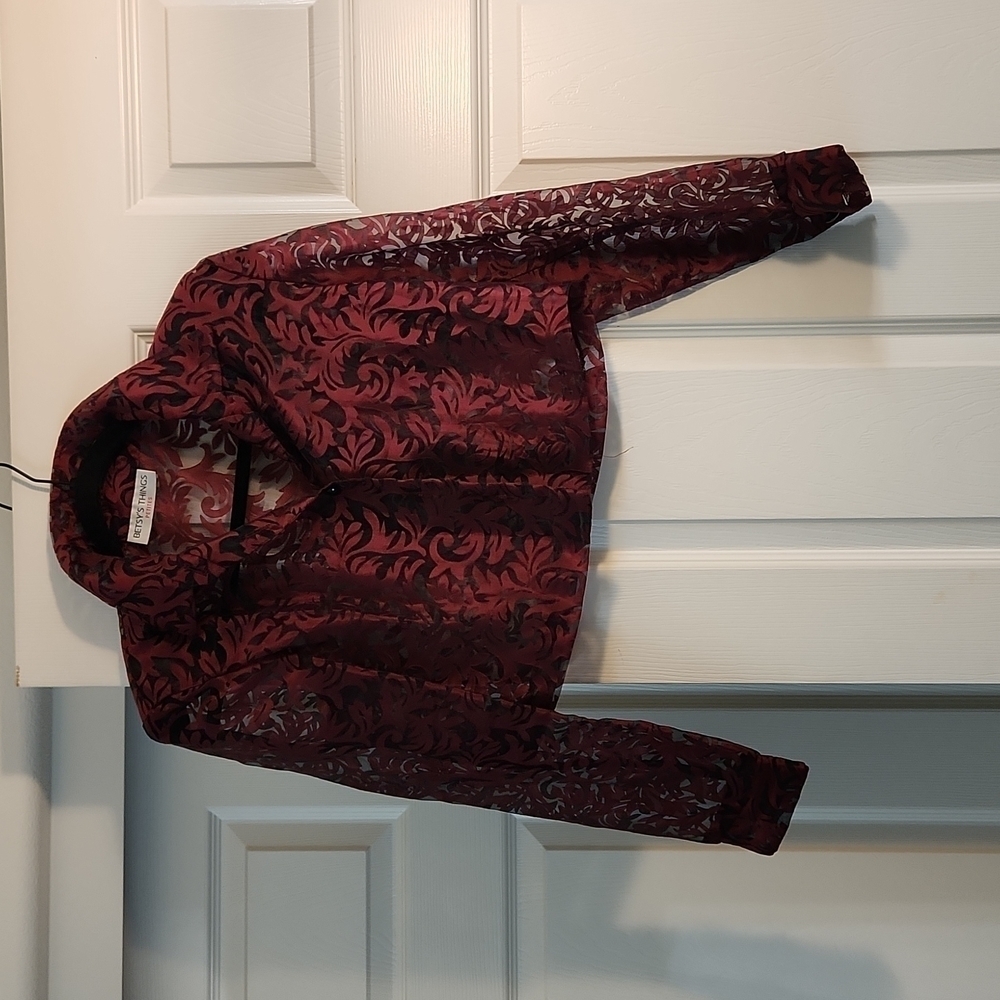 Vintage Betsy's Things Dark Blood Red Black Chiffon Like Jacket Petite Small